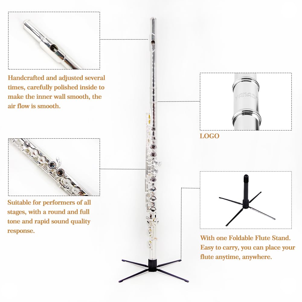 YANASON Closed Hole C Flutes 16 Key Nickel Beginner Student with Carrying Case Gloves Cleaning Rod Adjustment Screws and Cloth (